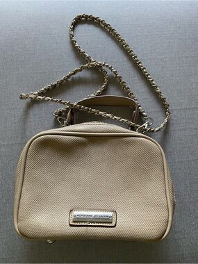 Adrienne Vittadini Taupe Woven Crossbody Bag with Chain Strap